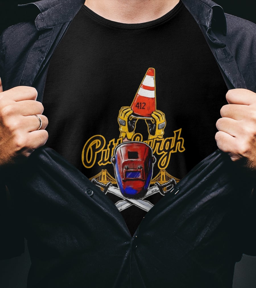 Pittsburgh 412 Welding Mask Construction Cone Crossed Swords Yellow Bridge T-Shirt