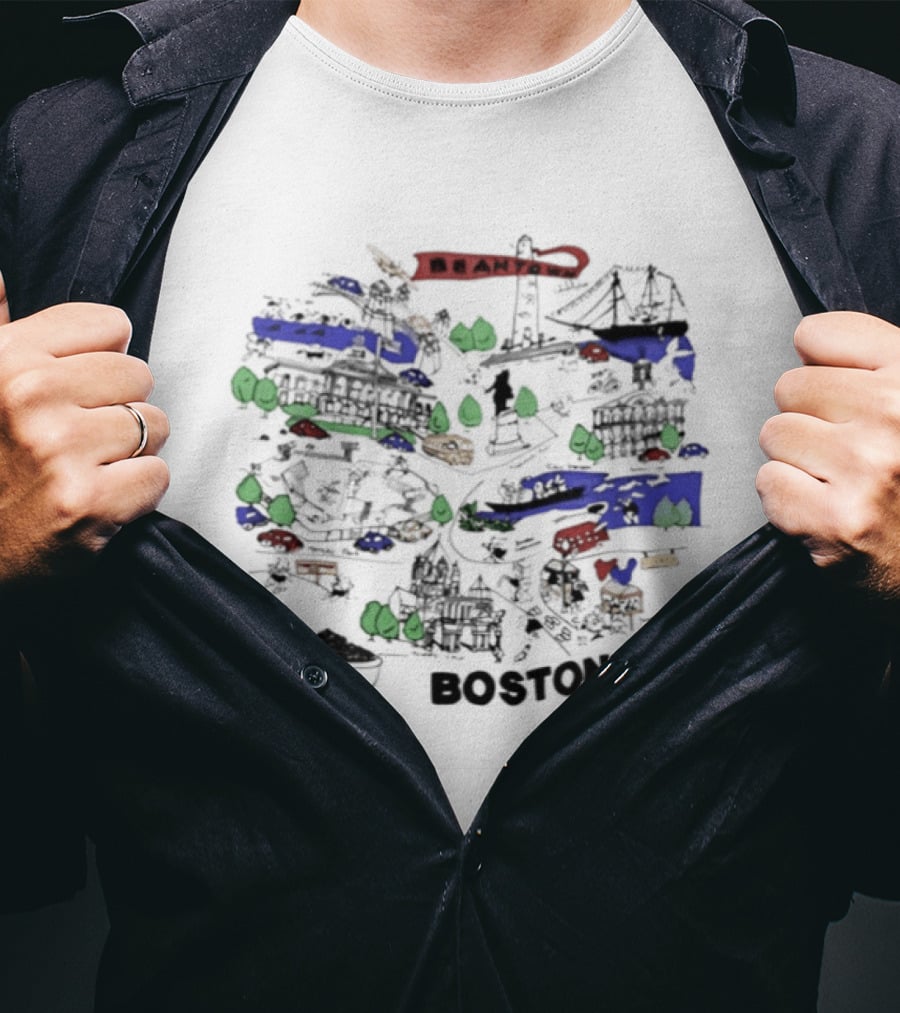 Beantown Boston Skyline Map Massachusetts Souvenir Bridge Boat Trees T-Shirt