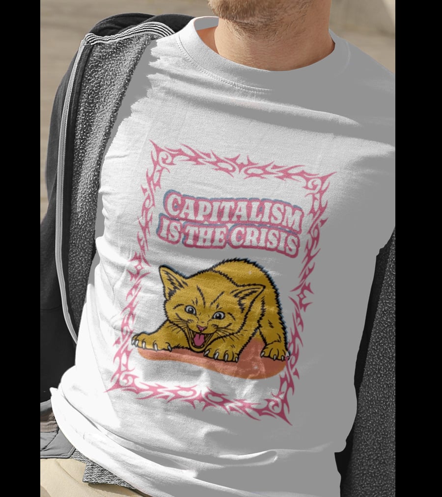 Capitalism Is The Crisis Angry Kitten Bold Text Pink Border T-Shirt