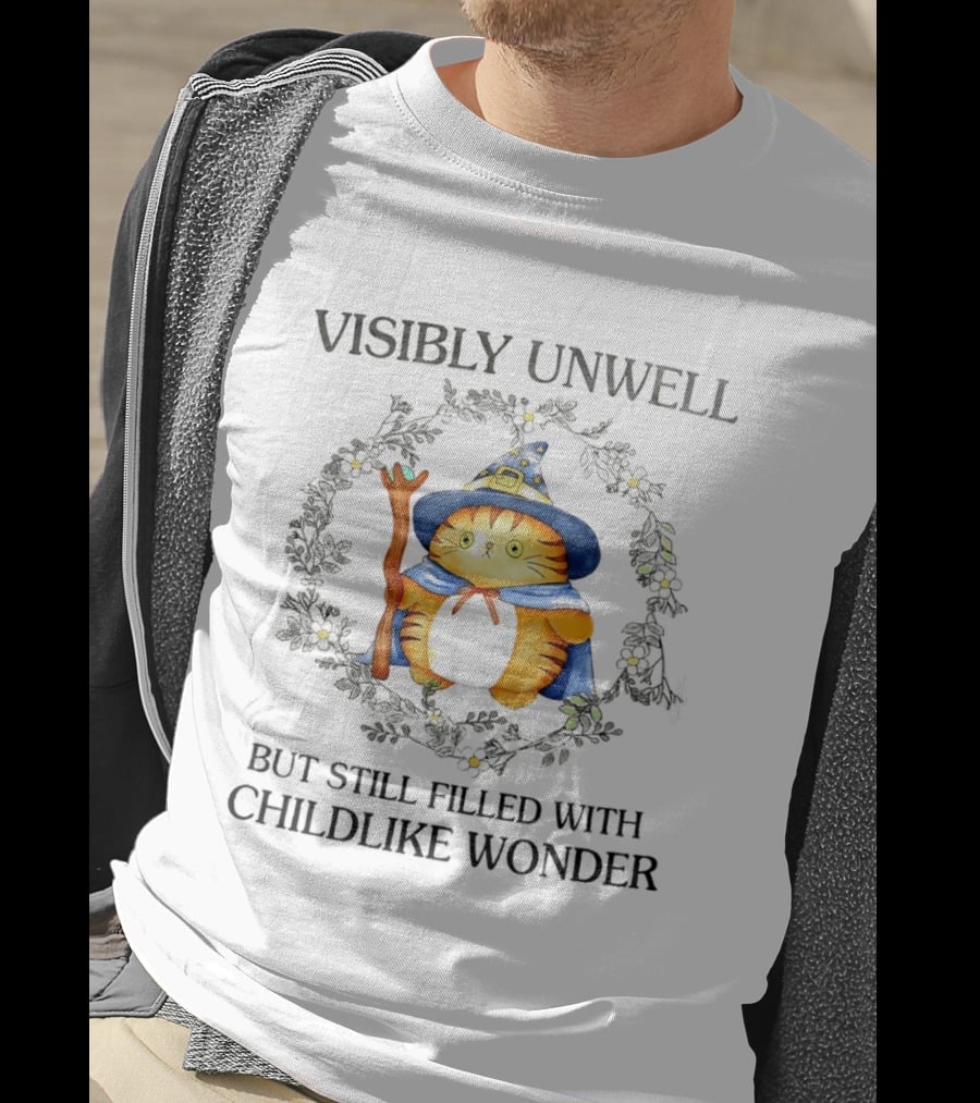 Visibly Unwell Cat With Childlike Wonder Wizard Hat And Cloak T-Shirt