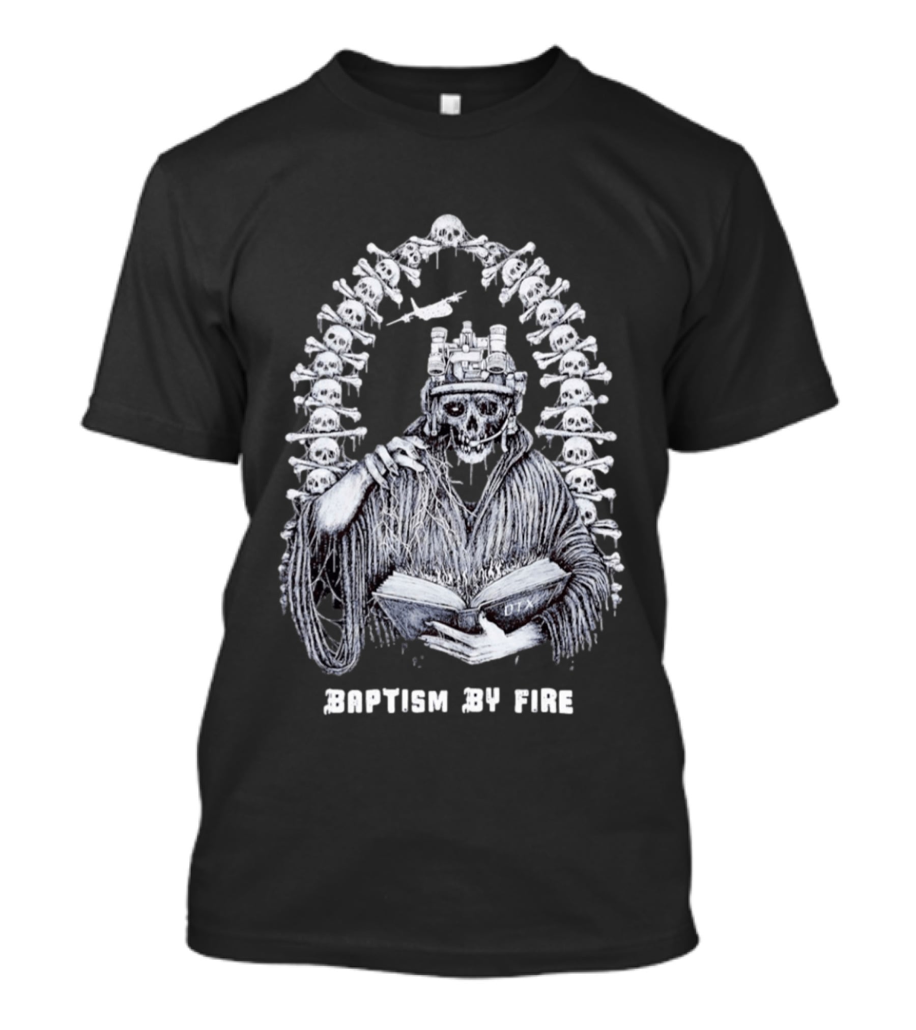 Baptism By Fire Skeleton Soldier Night Vision Goggles Book And Skulls T-Shirt