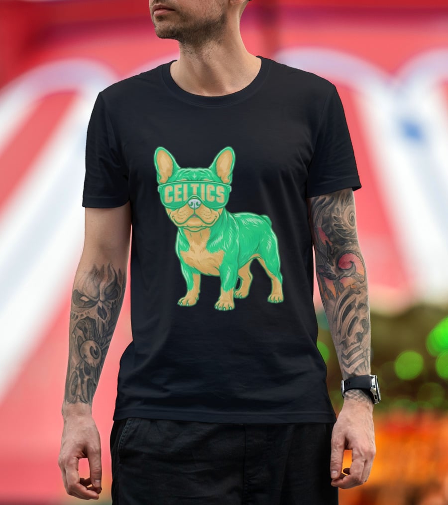 Boston Celtics French Bulldog Wearing Celtics Glasses T-Shirt