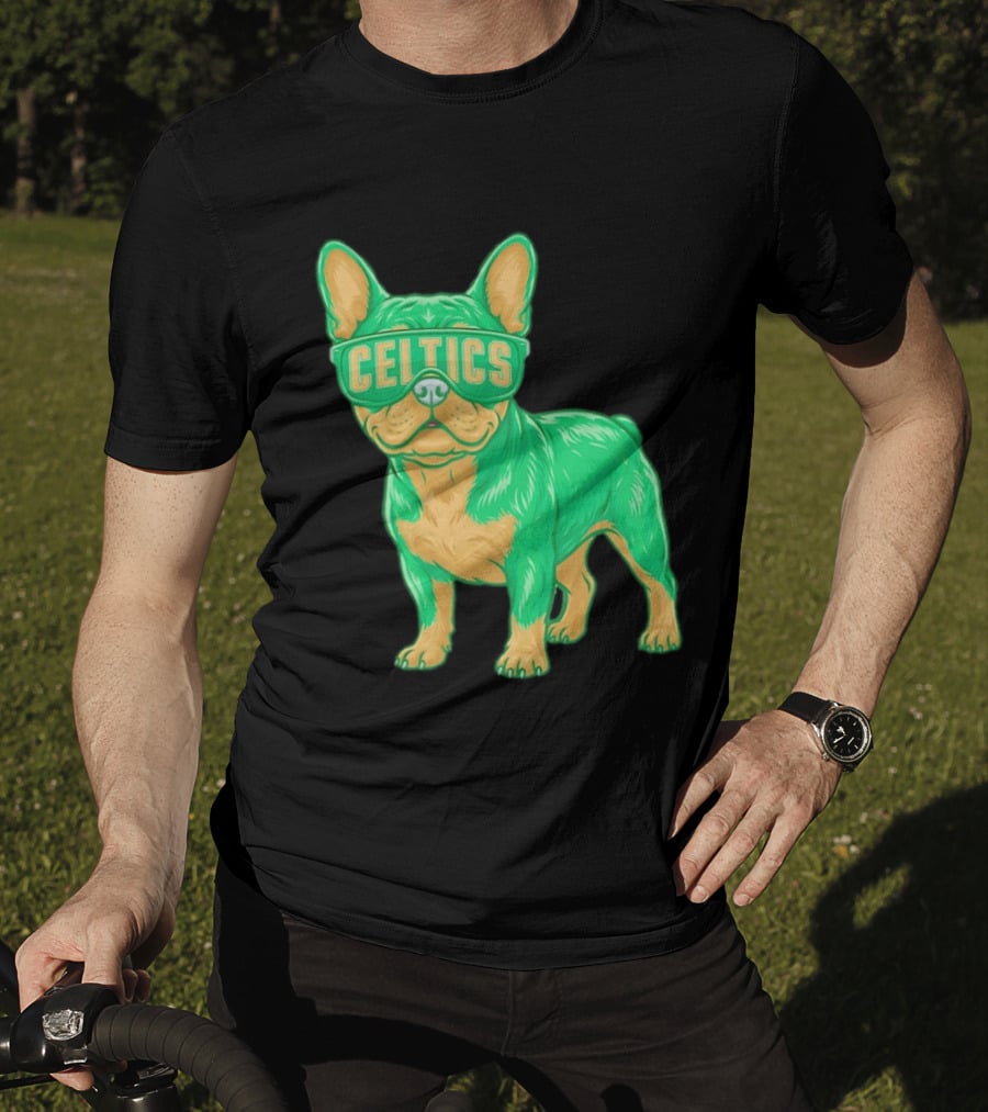 Boston Celtics French Bulldog Wearing Celtics Glasses T-Shirt