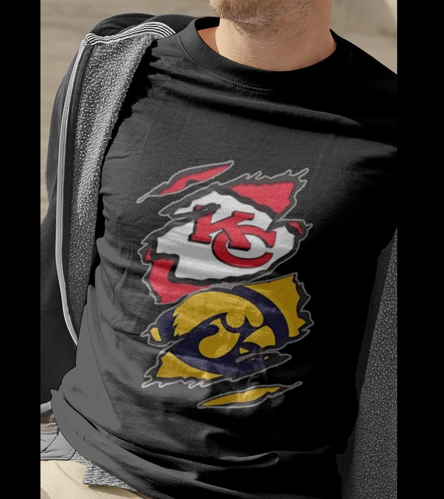 Kansas City Chiefs And Iowa Hawkeyes Two Teams One Heart Scratch KC Logo Iowa T-Shirt