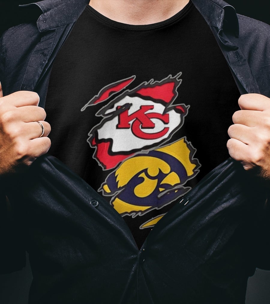Kansas City Chiefs And Iowa Hawkeyes Two Teams One Heart Scratch KC Logo Iowa T-Shirt