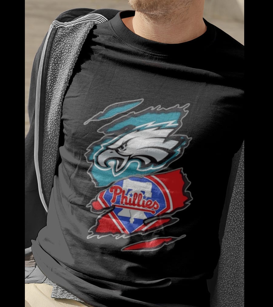 Philadelphia Eagles And Philadelphia Phillies Two Teams One Heart Scratch Logo Fusion T-Shirt