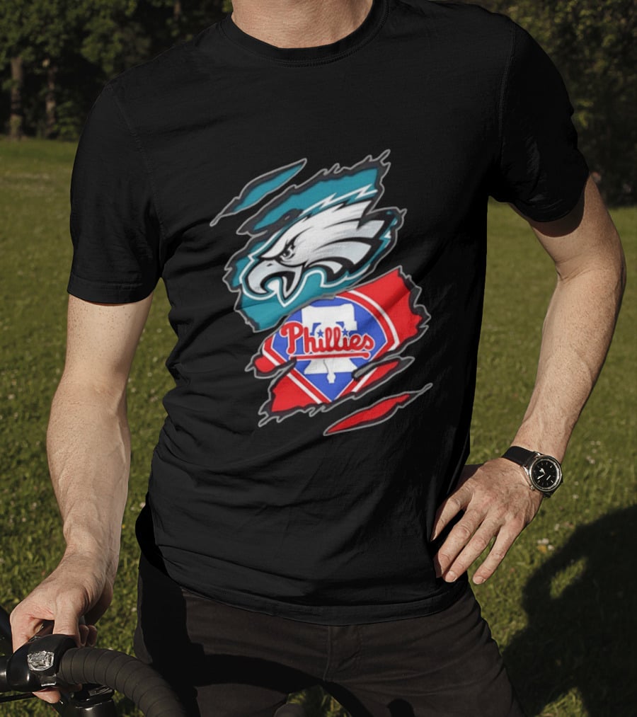 Philadelphia Eagles And Philadelphia Phillies Two Teams One Heart Scratch Logo Fusion T-Shirt