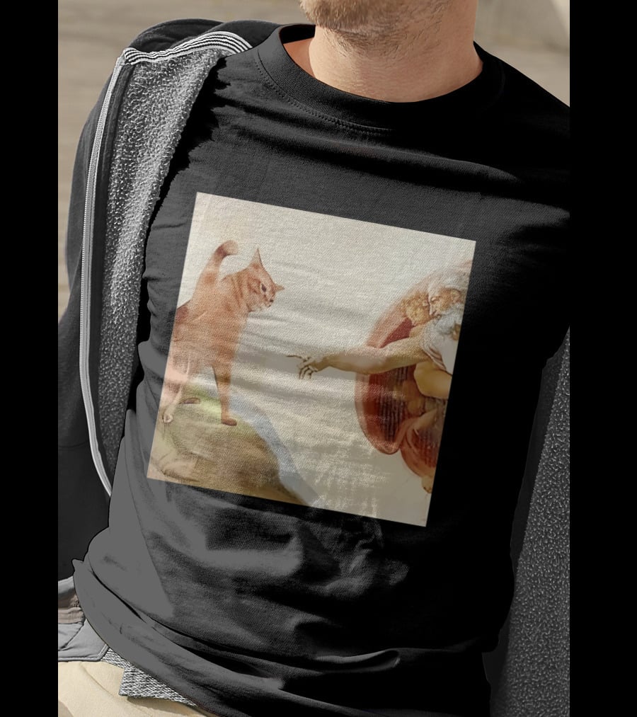 Floppa Meets Creation In Iconic God Touching Fingers Scene T-Shirt