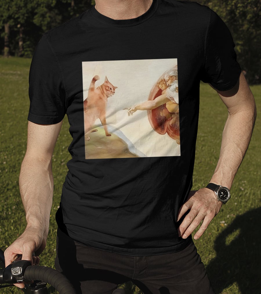 Floppa Meets Creation In Iconic God Touching Fingers Scene T-Shirt