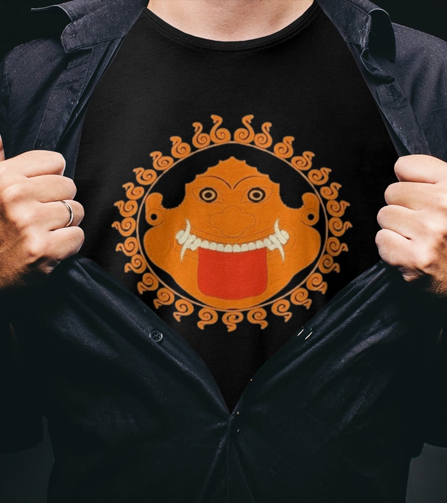 Medusa Gorgon Greek Mythology Monstrous Mask Icon With Orange Spirals T-Shirt