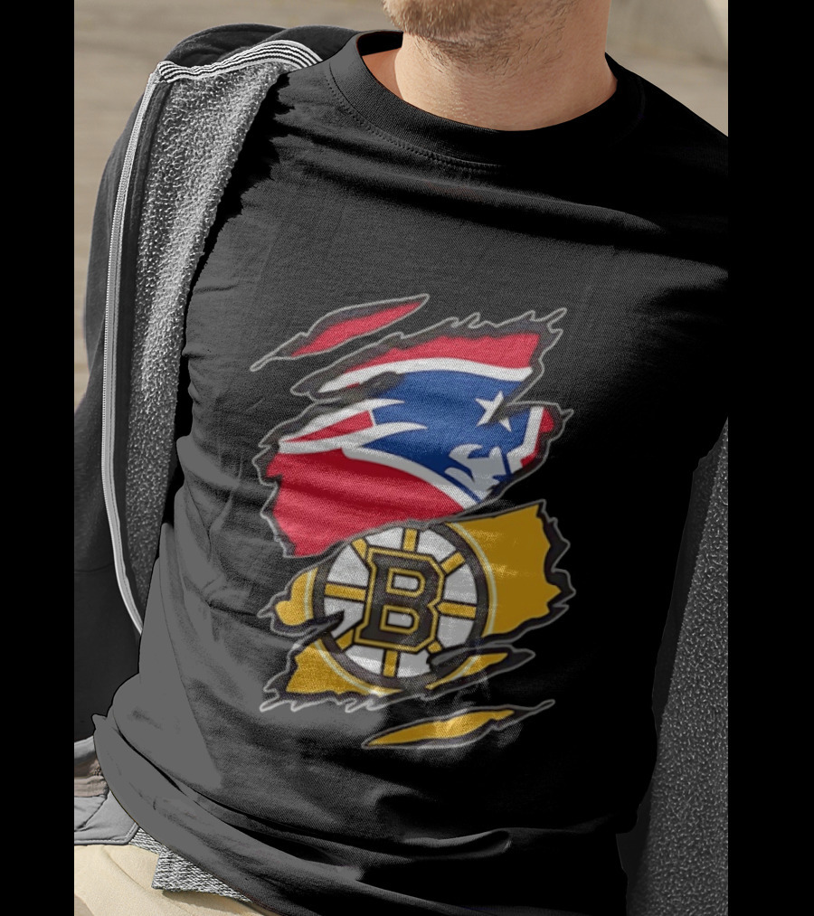 New England Patriots Boston Bruins Two Teams One Heart Scratch NFL NHL Fan T-Shirt