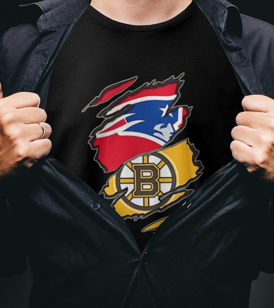 New England Patriots Boston Bruins Two Teams One Heart Scratch NFL NHL Fan T-Shirt