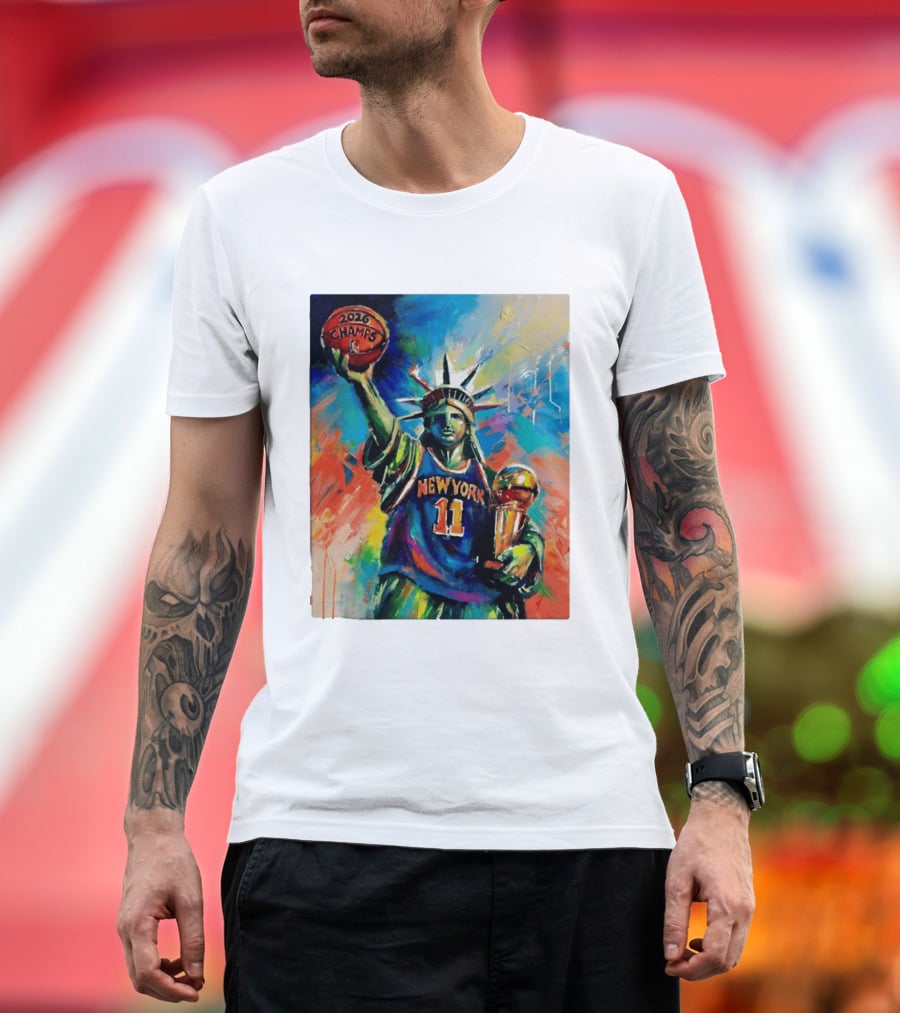 New York Knicks 11 Statue Of Liberty 2026 Champs Trophy Basketball T-Shirt