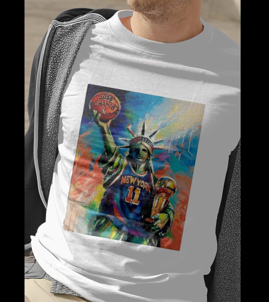 New York Knicks 11 Statue Of Liberty 2026 Champs Trophy Basketball T-Shirt