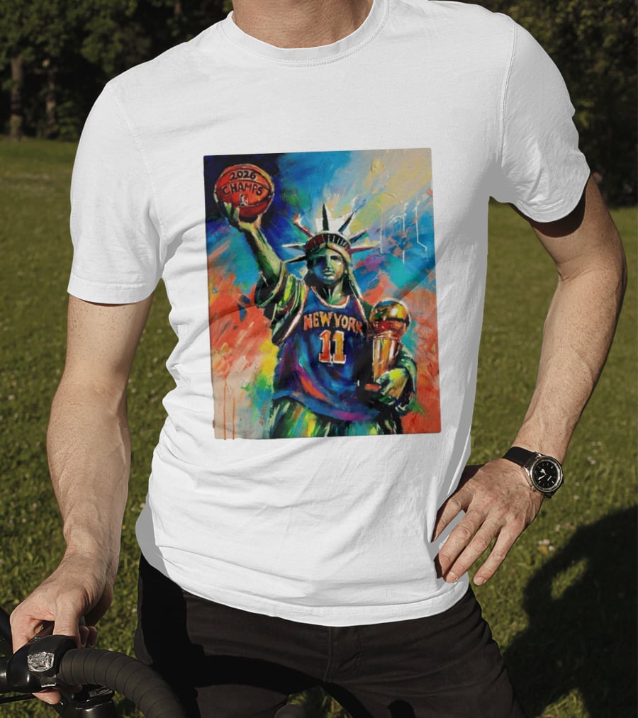 New York Knicks 11 Statue Of Liberty 2026 Champs Trophy Basketball T-Shirt
