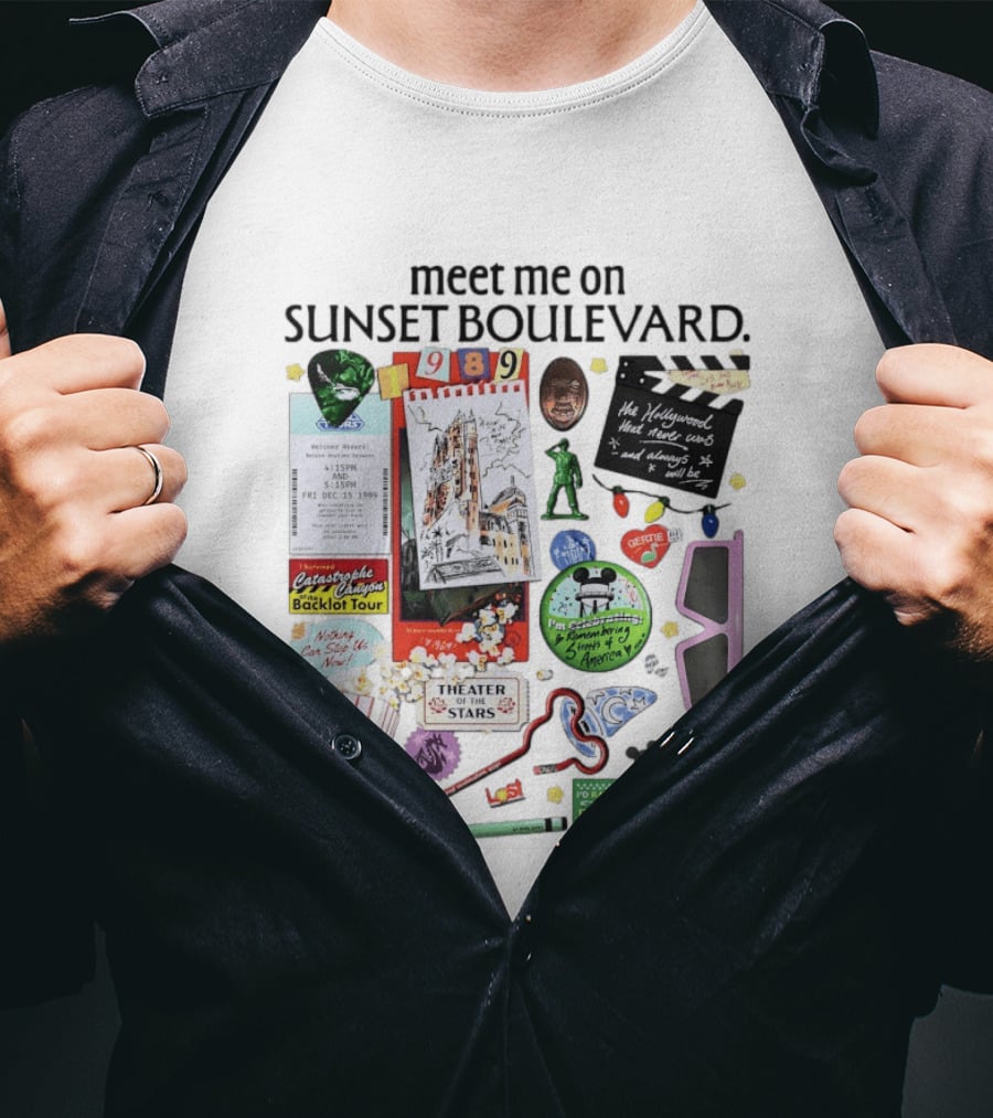 Meet Me On Sunset Boulevard Hollywood Tower Of Terror Theater Of The Stars Pizza Rizzo 3D Glasses Collage T-Shirt