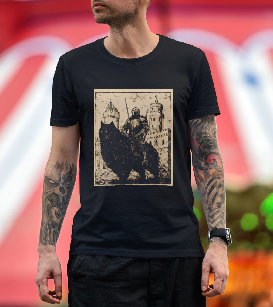 Knight Riding Giant Cat In Medieval Fantasy Castle Scene T-Shirt