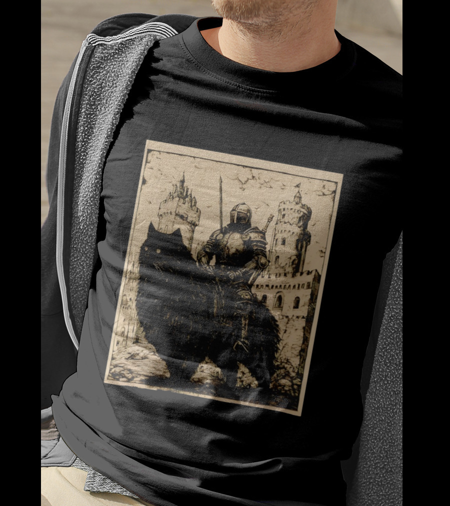 Knight Riding Giant Cat In Medieval Fantasy Castle Scene T-Shirt