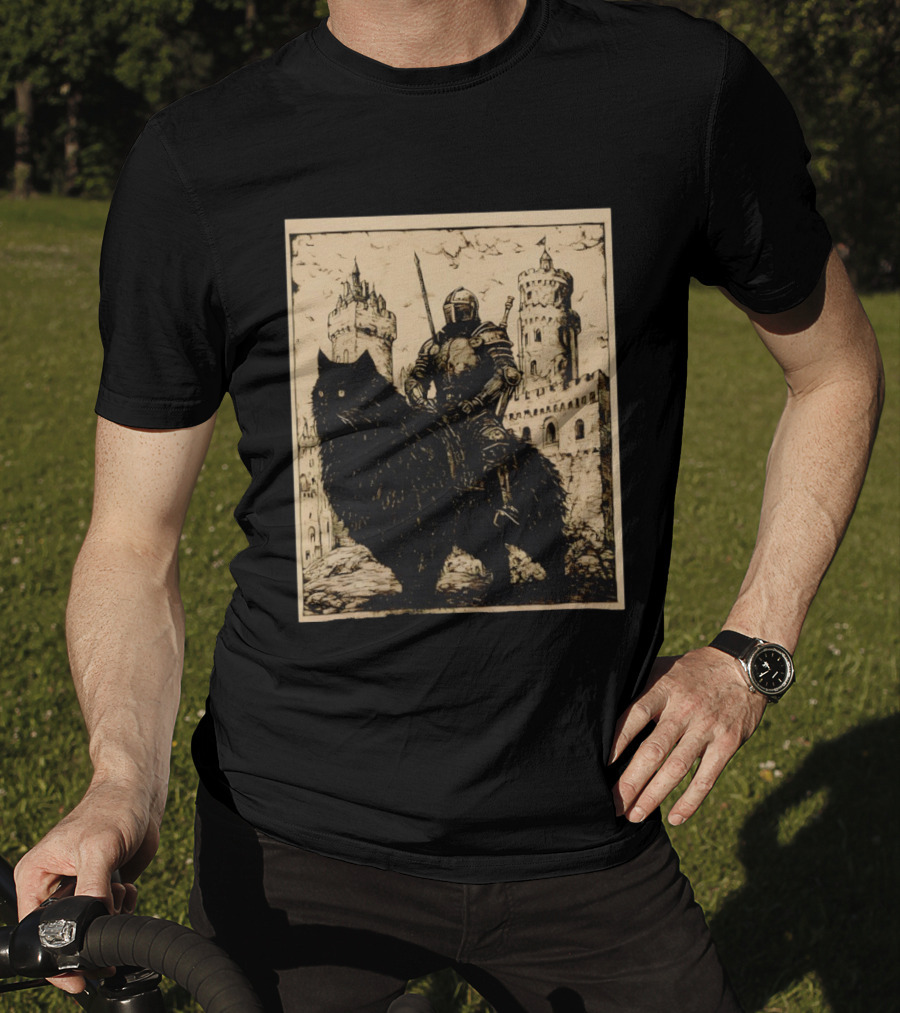 Knight Riding Giant Cat In Medieval Fantasy Castle Scene T-Shirt