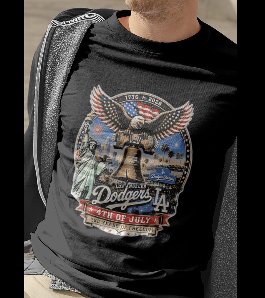 Los Angeles Dodgers 4th Of July 1776 2026 250 Years Of Freedom With Liberty Bell And Dodger Stadium T-Shirt