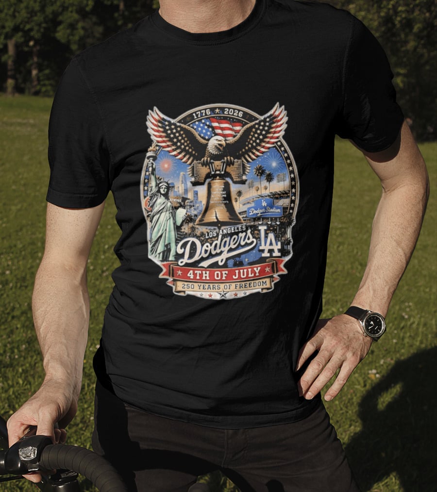 Los Angeles Dodgers 4th Of July 1776 2026 250 Years Of Freedom With Liberty Bell And Dodger Stadium T-Shirt