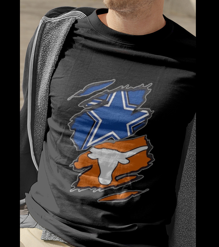 Dallas Cowboys Texas Longhorns Two Teams One Heart Scratch Torn Star Helmet T-Shirt