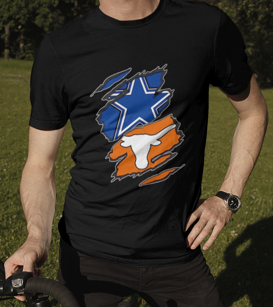 Dallas Cowboys Texas Longhorns Two Teams One Heart Scratch Torn Star Helmet T-Shirt
