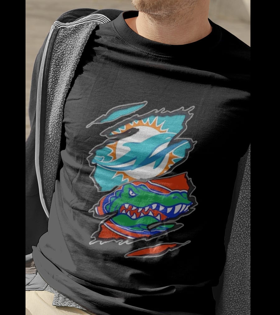 Miami Dolphins Florida Gators Two Teams One Heart Scratch T-Shirt
