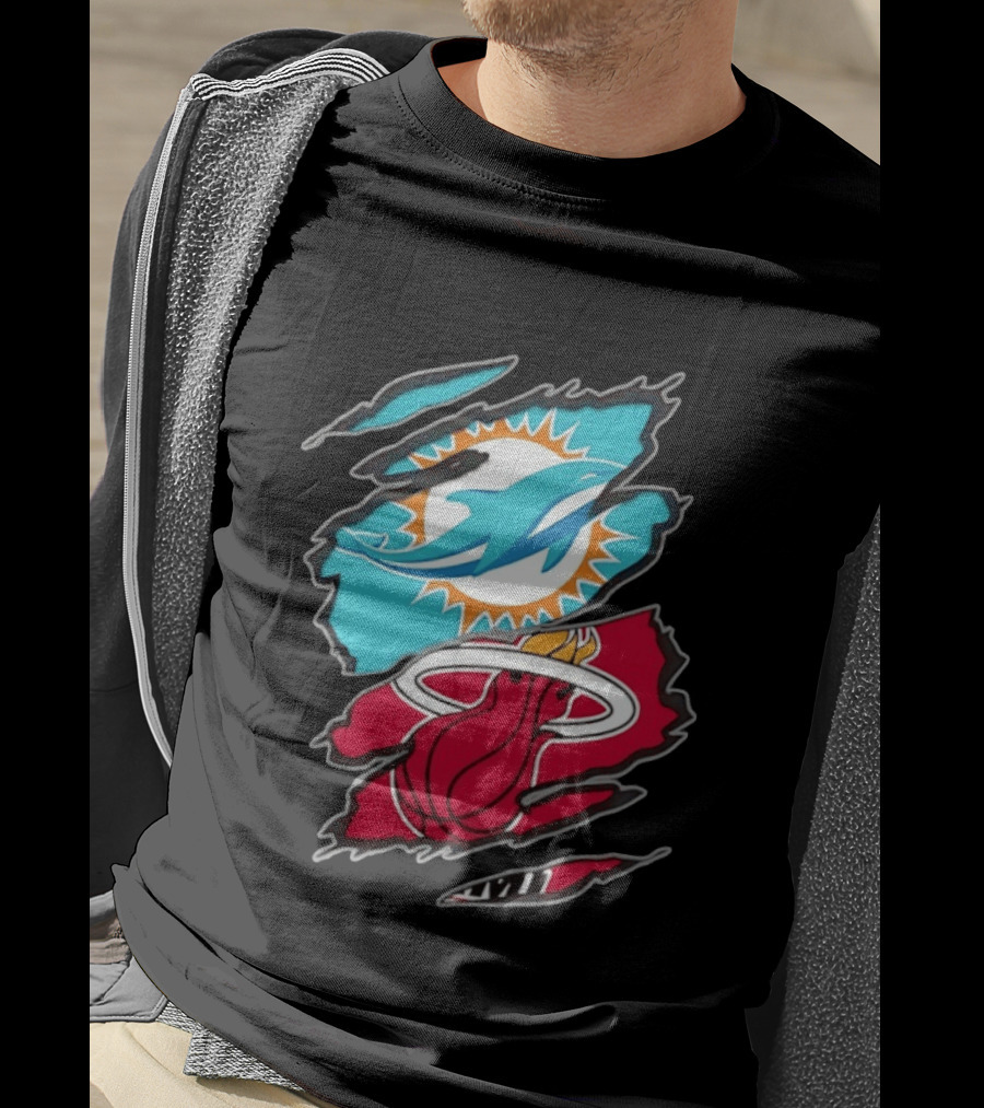 Miami Dolphins Miami Heat Two Teams One Heart Scratch T-Shirt