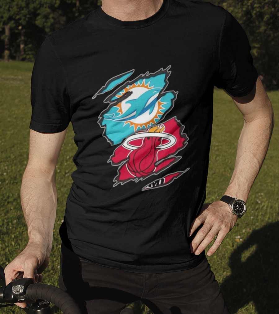 Miami Dolphins Miami Heat Two Teams One Heart Scratch T-Shirt