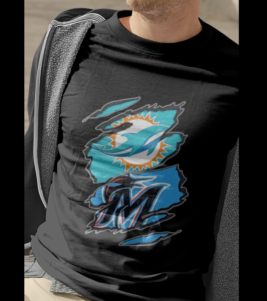 Miami Dolphins Miami Marlins Two Teams One Heart Scratch Marks T-Shirt