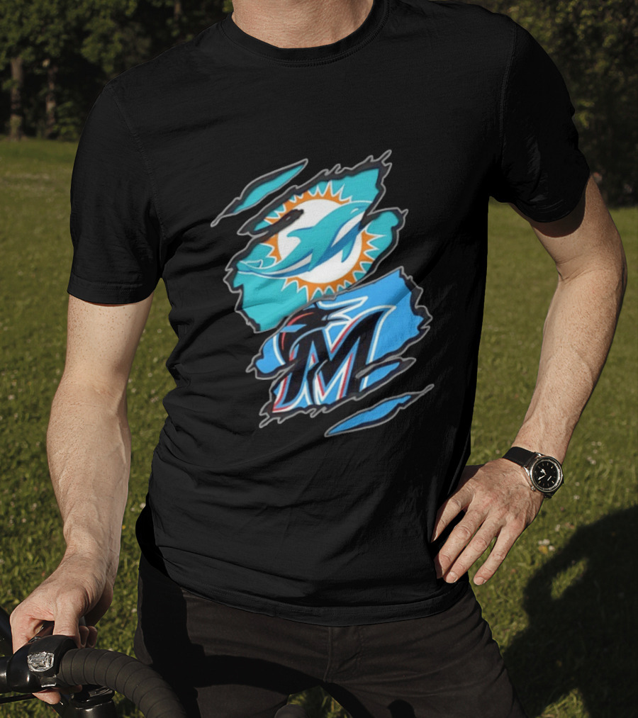 Miami Dolphins Miami Marlins Two Teams One Heart Scratch Marks T-Shirt