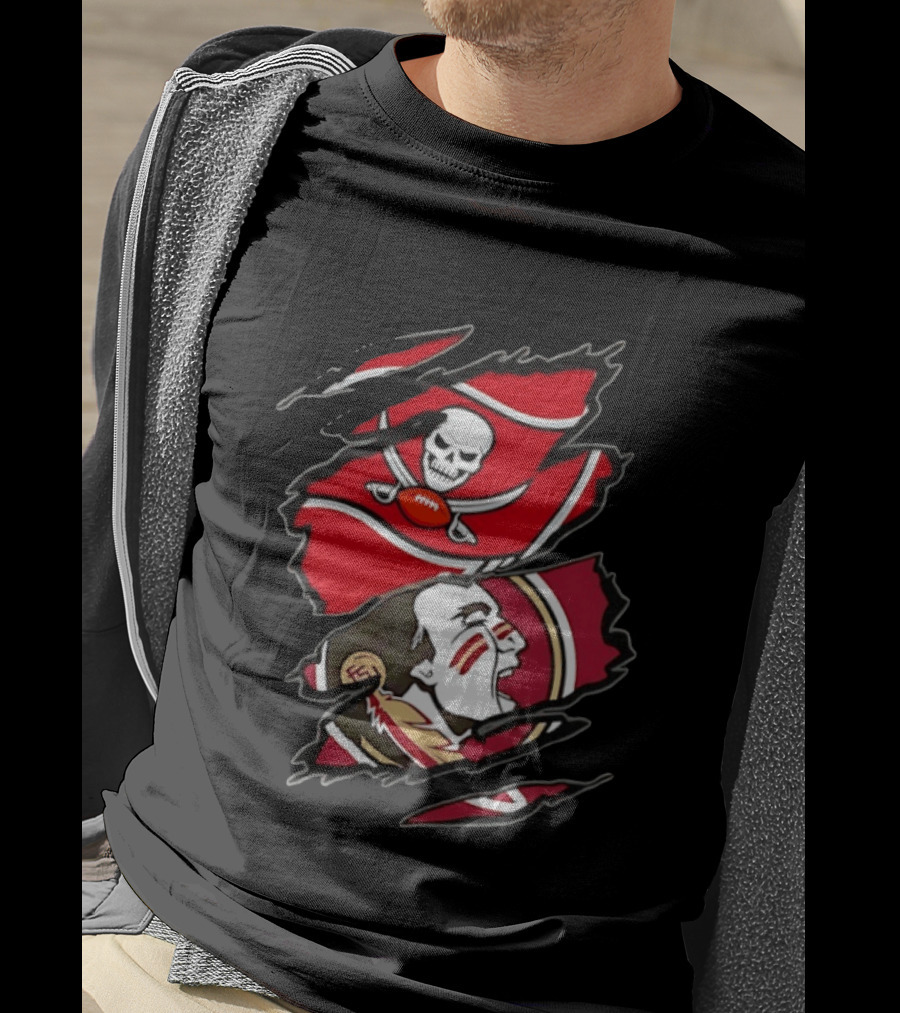 Tampa Bay Buccaneers And Florida State Seminoles Two Teams One Heart Scratch Skull Flag Warrior Face T-Shirt