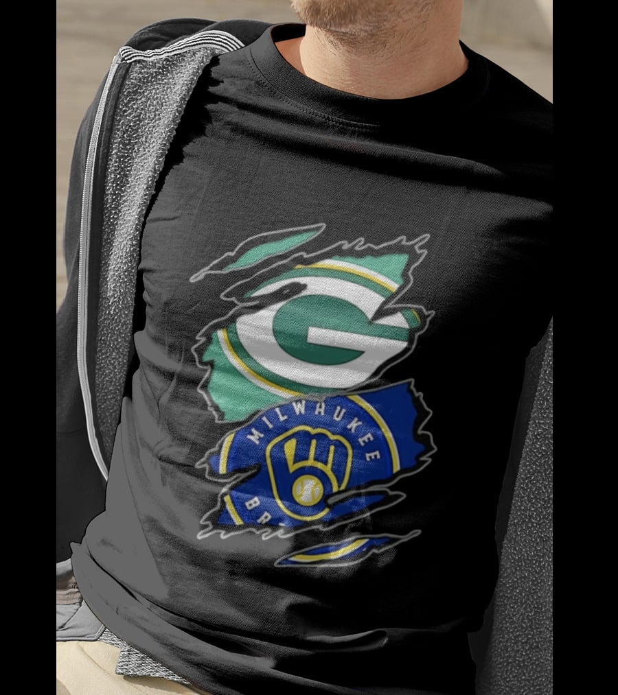 Green Bay Packers Milwaukee Brewers Two Teams One Heart Scratch T-Shirt