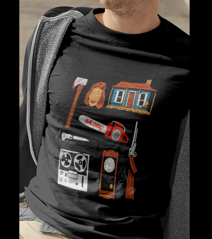Evil Dead Horror Collage Chainsaw Cabin Axe Ash Williams T-Shirt