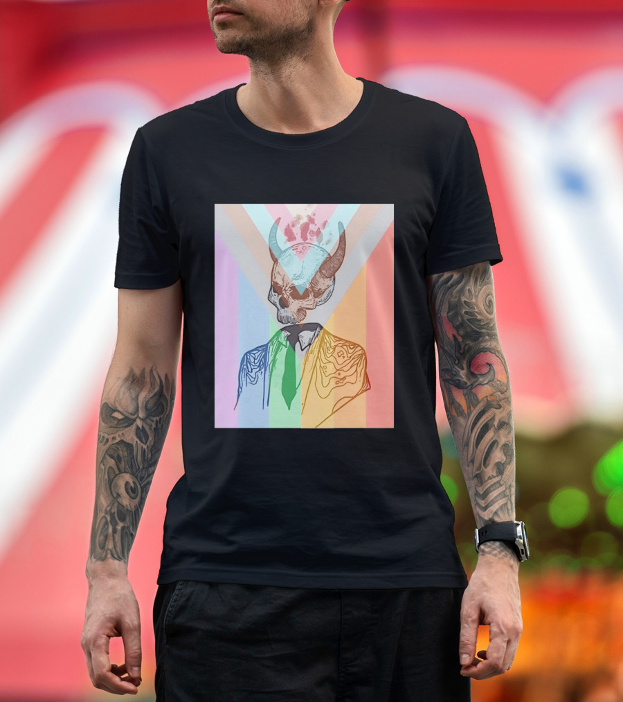 Horned Devil Skull Suit Pride Flag Surrealism Abstract Colorful T-Shirt