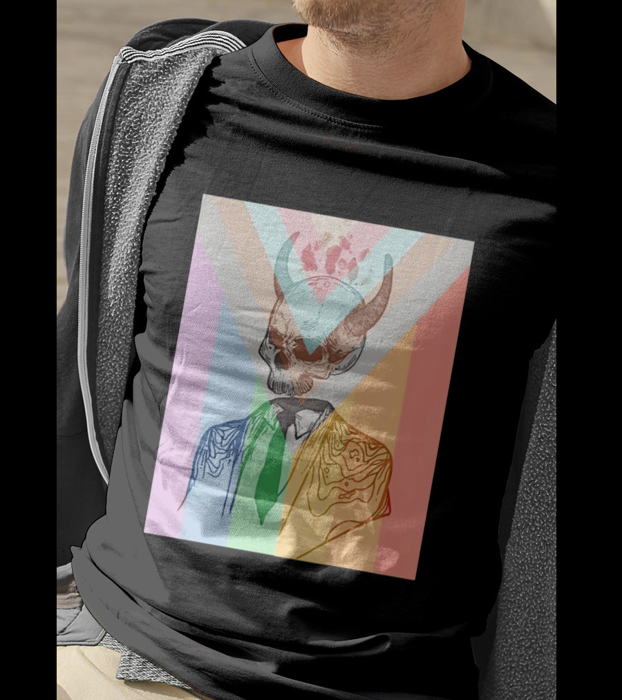 Horned Devil Skull Suit Pride Flag Surrealism Abstract Colorful T-Shirt