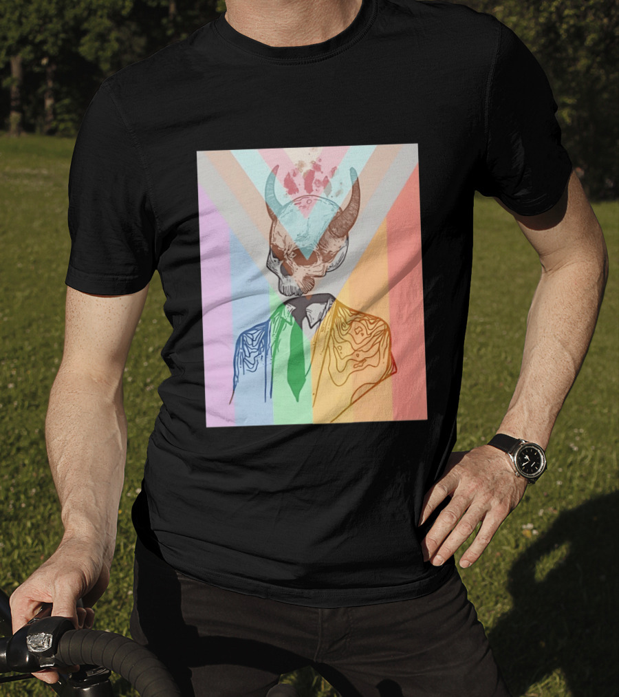 Horned Devil Skull Suit Pride Flag Surrealism Abstract Colorful T-Shirt