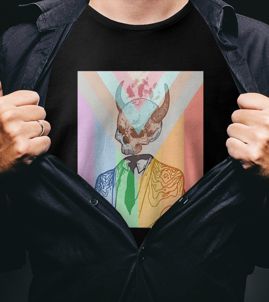 Horned Devil Skull Suit Pride Flag Surrealism Abstract Colorful T-Shirt