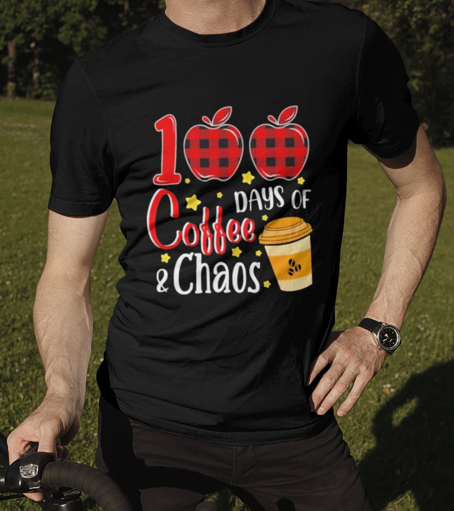 100 Days Of Coffee And Chaos Plaid Apple School Teacher Fun T-Shirt