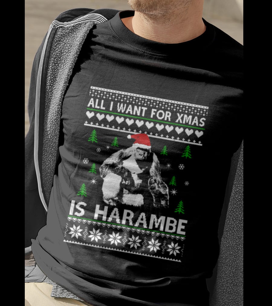 All I Want For Xmas Is Harambe Santa Hat Ugly Christmas T-Shirt