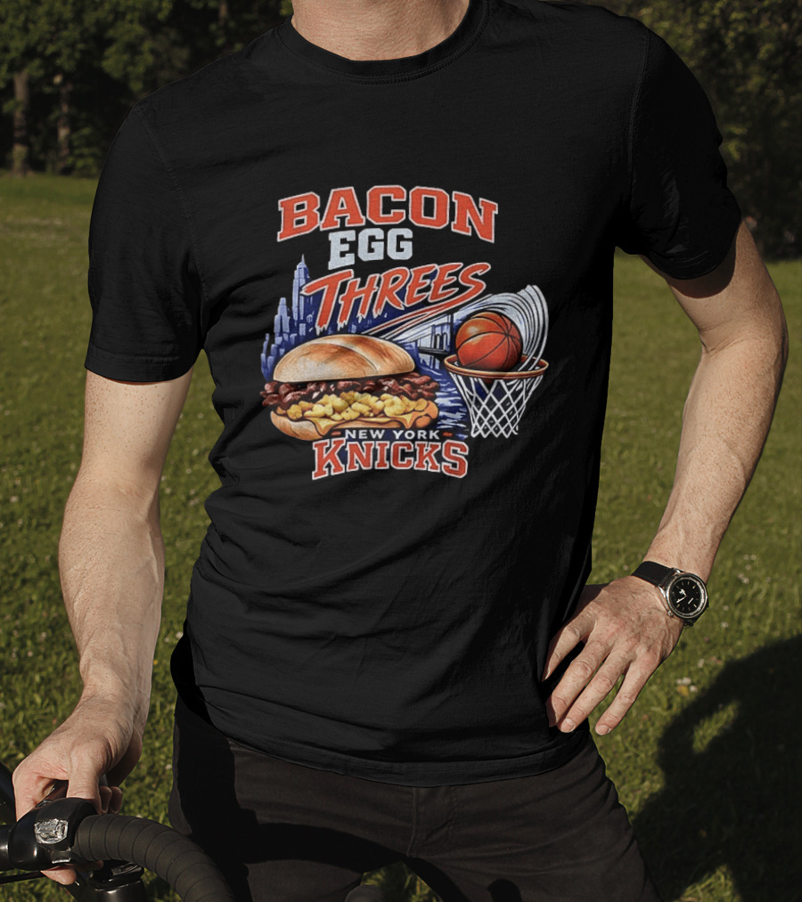 Bacon Egg And Threes New York Knicks Basketball Skyline Basketball Hoop Burger T-Shirt
