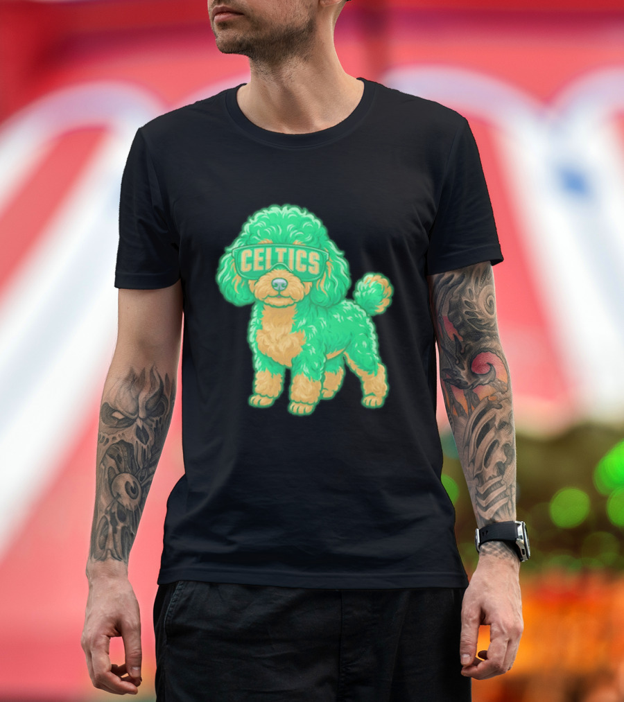 Boston Celtics Teacup Poodle Cartoon With Celtics Sunglasses T-Shirt