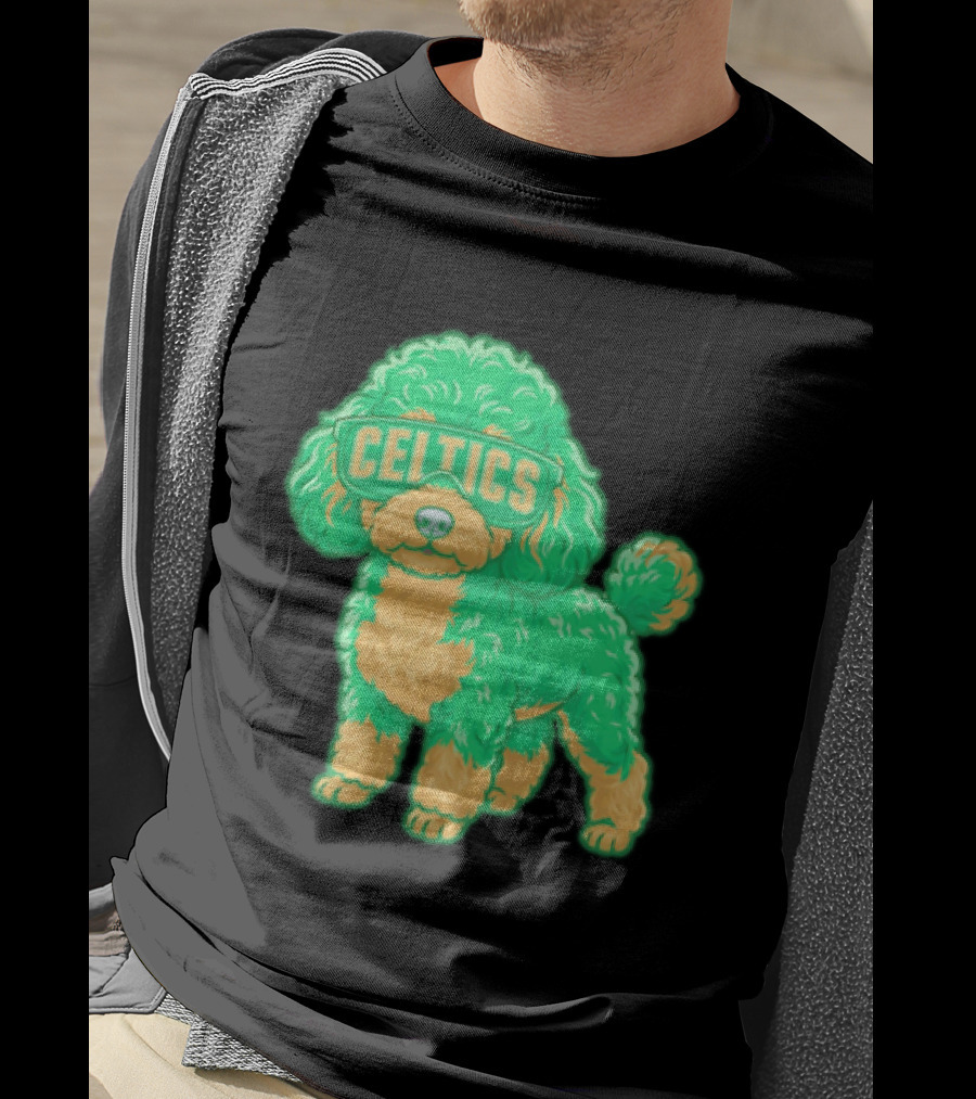 Boston Celtics Teacup Poodle Cartoon With Celtics Sunglasses T-Shirt