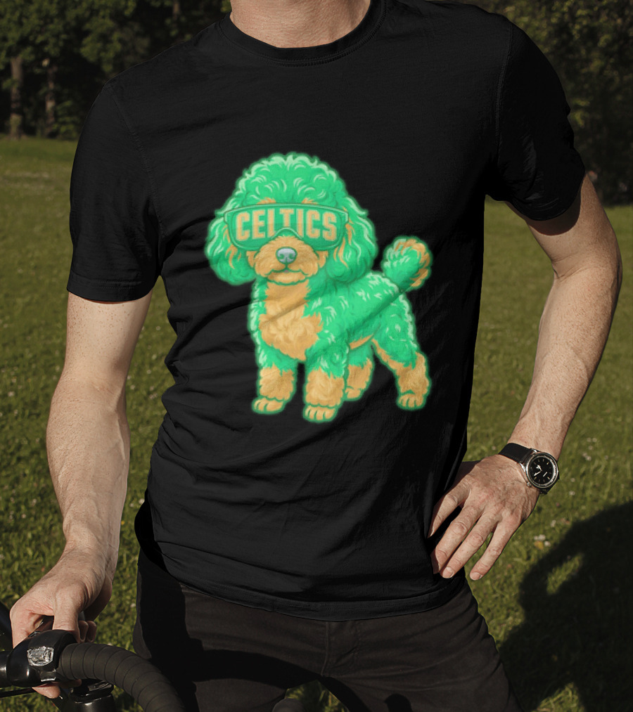 Boston Celtics Teacup Poodle Cartoon With Celtics Sunglasses T-Shirt