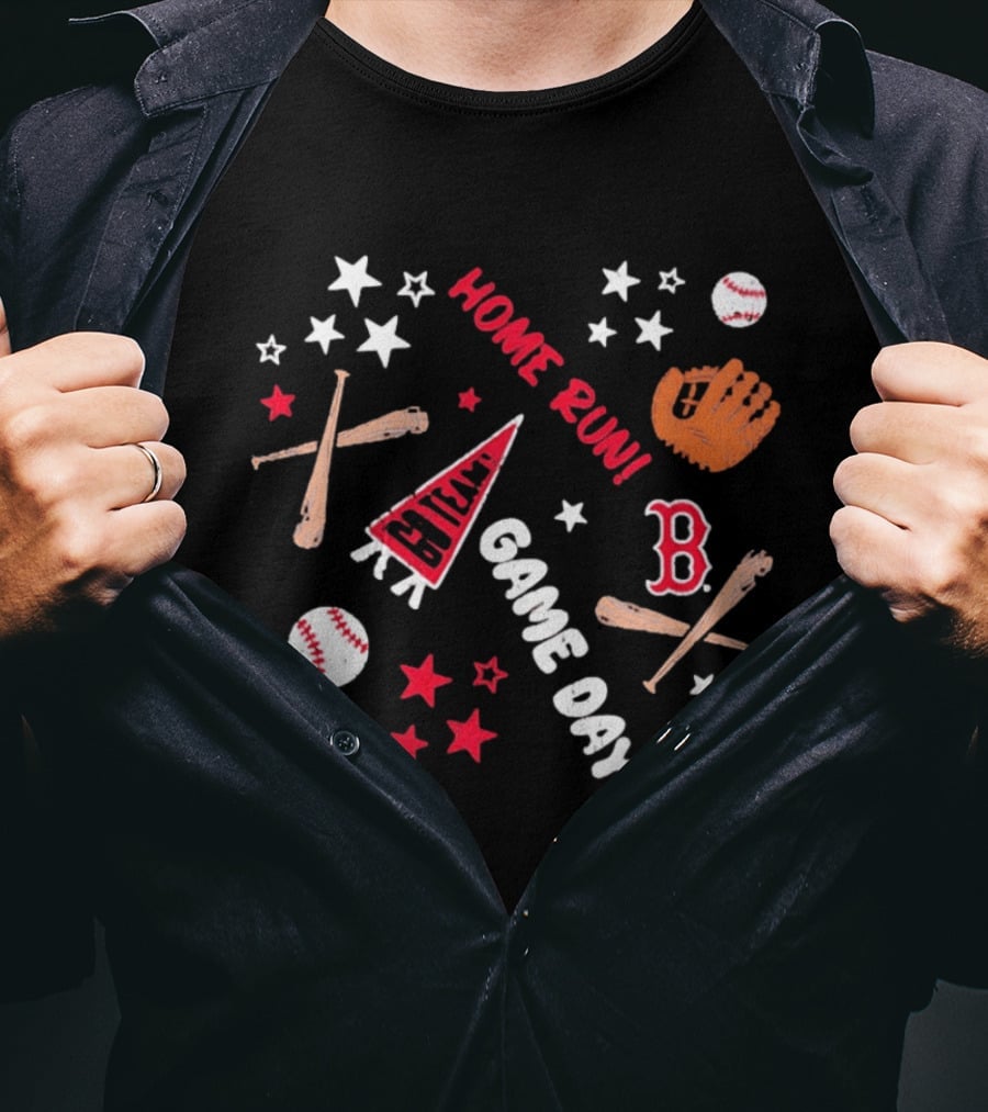 Boston Red Sox Home Run Game Day MLB Baseball Fenway Pennant And Bat Glove Stars T-Shirt