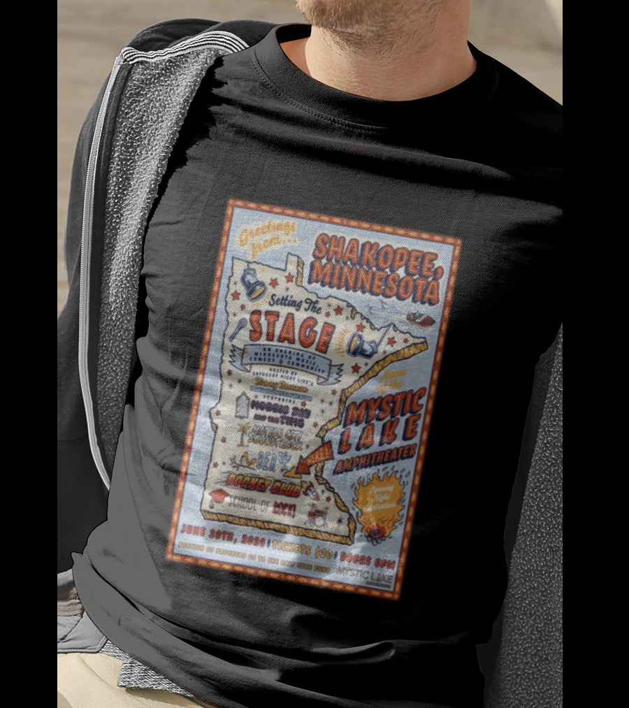 Greetings From Shakopee Minnesota Mystic Lake Amphitheater June 20 2026 Setting The Stage School Of Rock Band Event T-Shirt