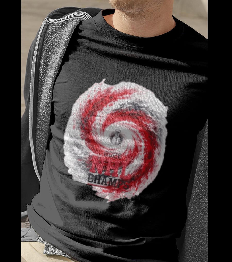 Carolina Hurricanes 2026 NHL Champs Storm With Hockey Trophy And Red Gray Swirl T-Shirt