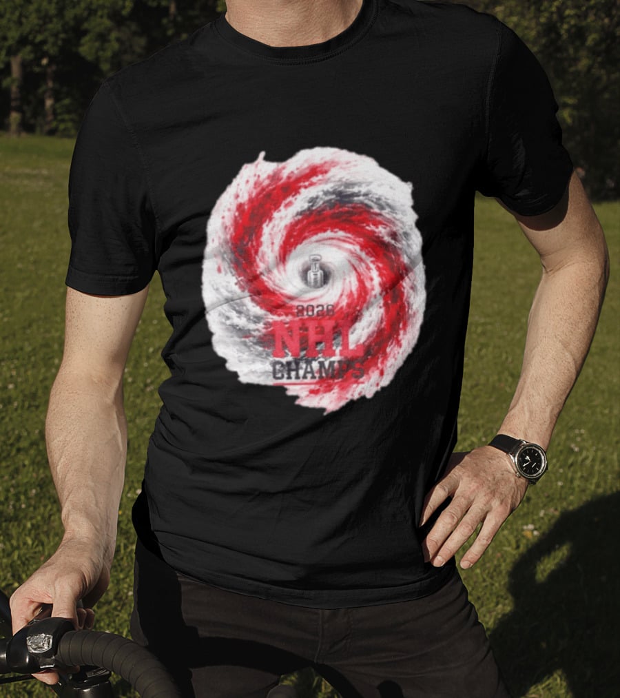 Carolina Hurricanes 2026 NHL Champs Storm With Hockey Trophy And Red Gray Swirl T-Shirt