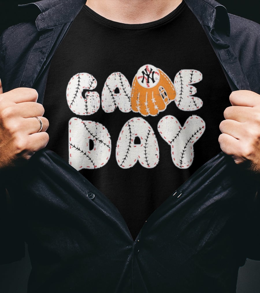 New York Yankees Game Day Baseball MLB NYY Glove And Ball Stitching T-Shirt